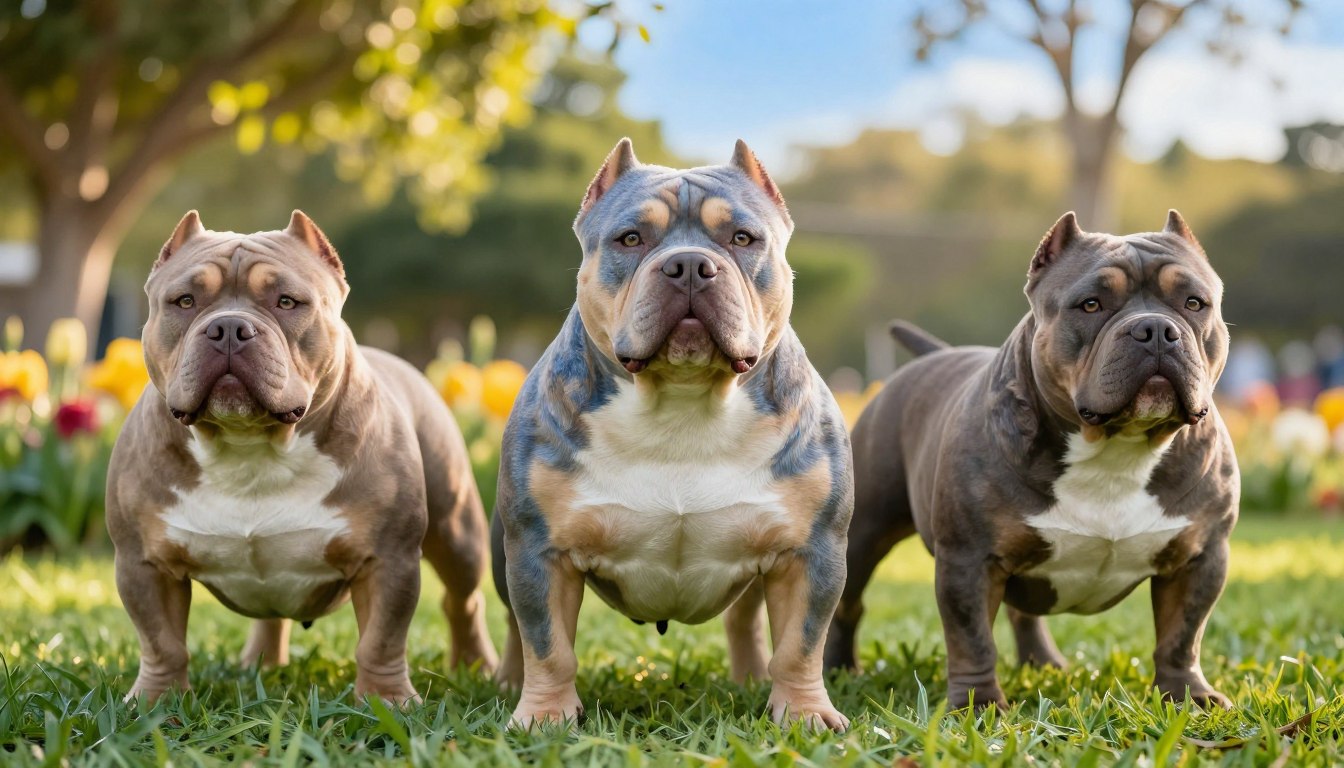 A majestic American Bully showcasing distinct premium bloodlines, standing proudly in the foreground, showcasing its muscular build and sleek coat. The focus is on three different variations of the breed, each displaying unique colors and markings, such as fawn, blue, and brindle. In the middle ground, a lush green park with soft grass and blooming flowers creates a vibrant atmosphere, enhancing the beauty of the dogs. In the background, soft-focus trees and a bright blue sky give a serene vibe, illuminated by golden sunlight filtering through the leaves. Capture the dogs at a slight angle to emphasize their powerful stance and friendly demeanor, with a shallow depth of field for a professional look. The overall mood is uplifting and inviting, ideal for showcasing the charm of the American Bully breed.